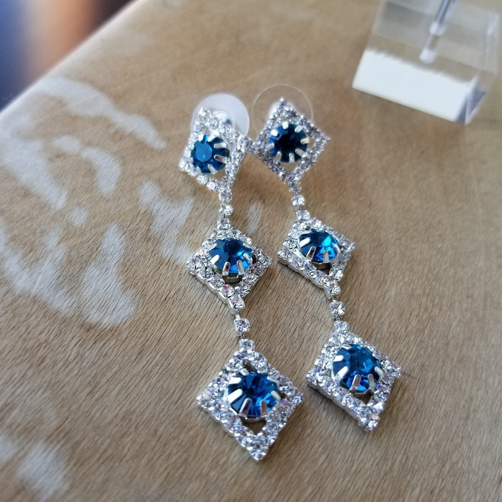 Peacock Blue and Silver Statement Earrings - Picture 4 of 4